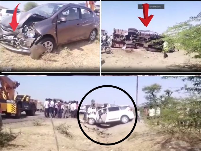 नगरमध्ये तीन वाहनांचा विचित्र अपघात, 2 कार आणि टेम्पोची धडक, एकाच कुटुंबातील तिघे ठार